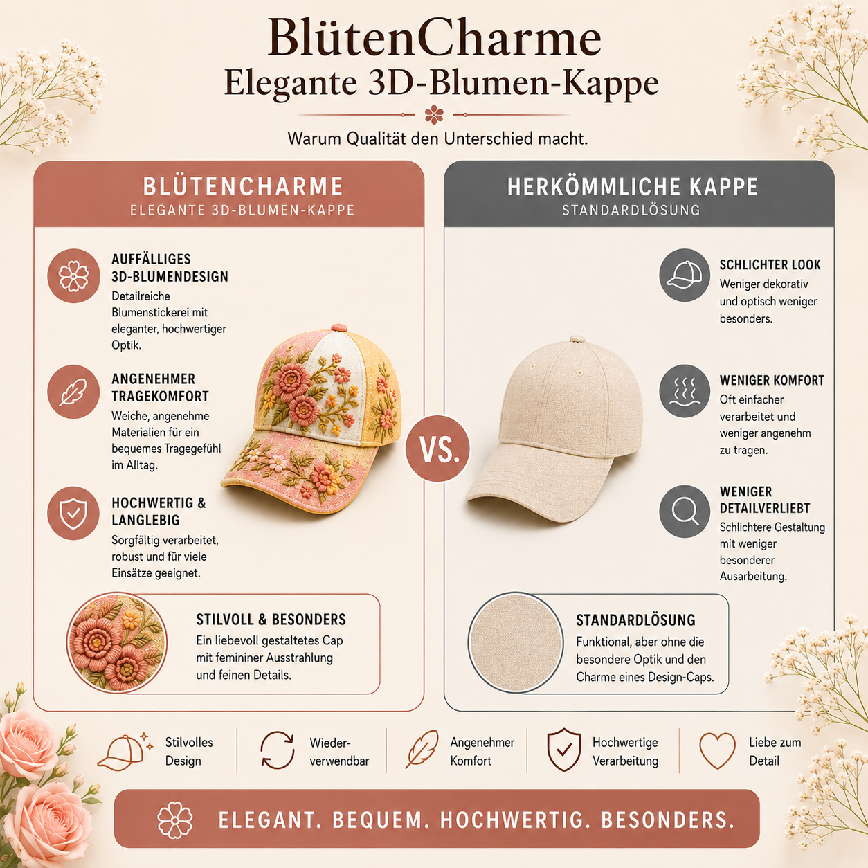 BlütenCharme – Elegante 3D-Blumen-Kappe