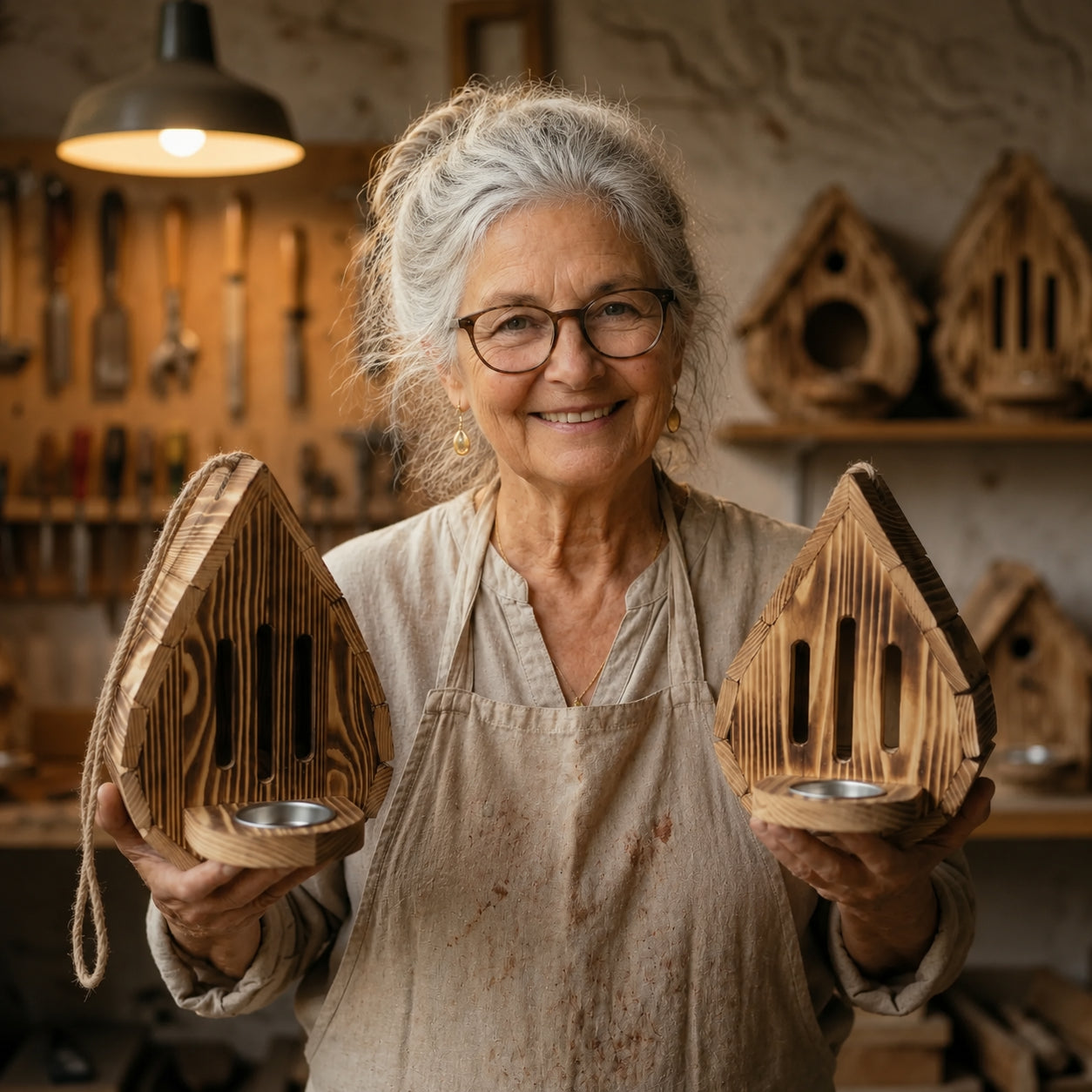 Handgefertigtes Schmetterlingshaus Tropfenform aus Naturholz