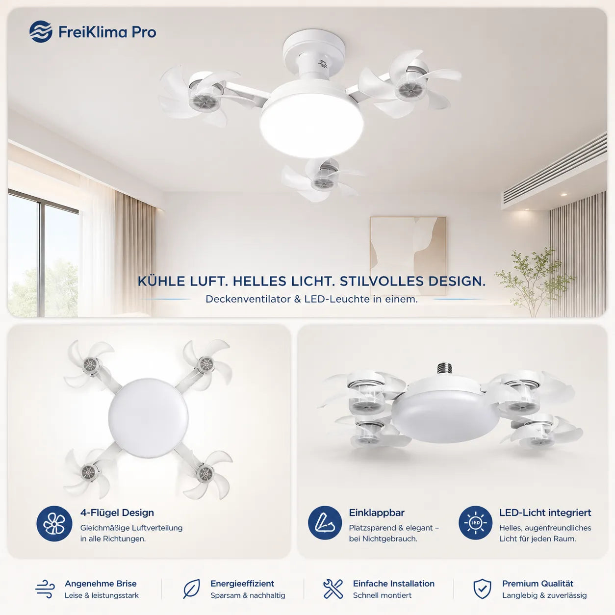 FreiKlima Pro Klimaventilator 2in1 – 4-Flügel einklappbarer Deckenventilator mit Kühlfunktion, Licht & Fernbedienung