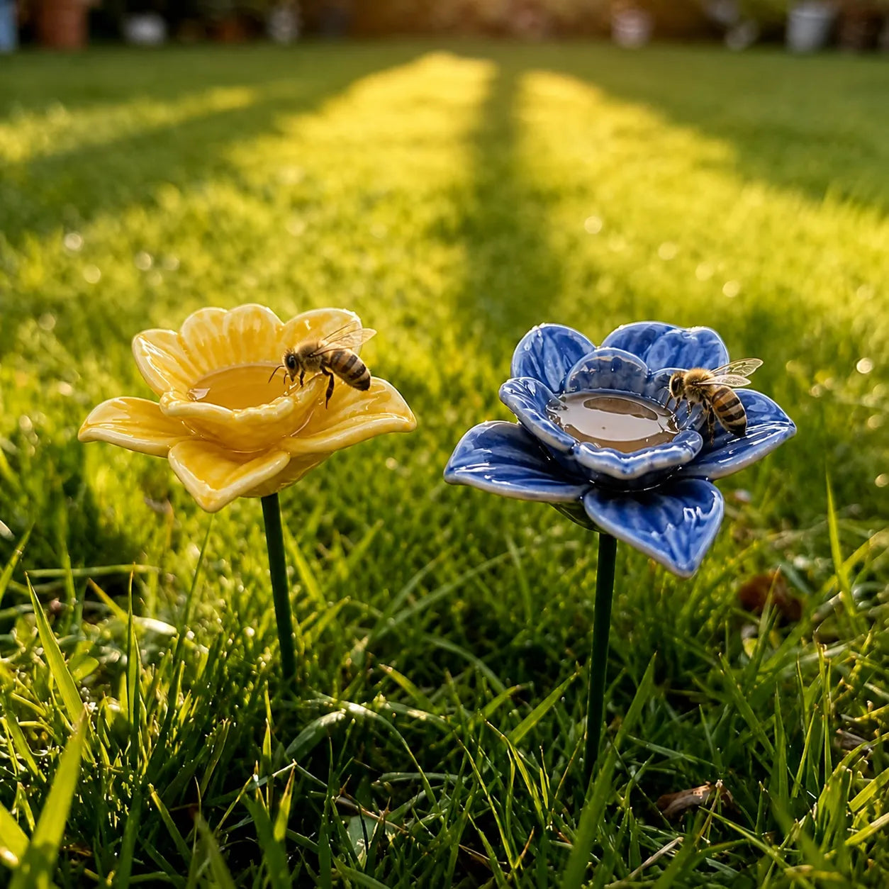 Handgefertigte Bienenblüten-Tränken – Wetterfeste Keramik, Set (2)