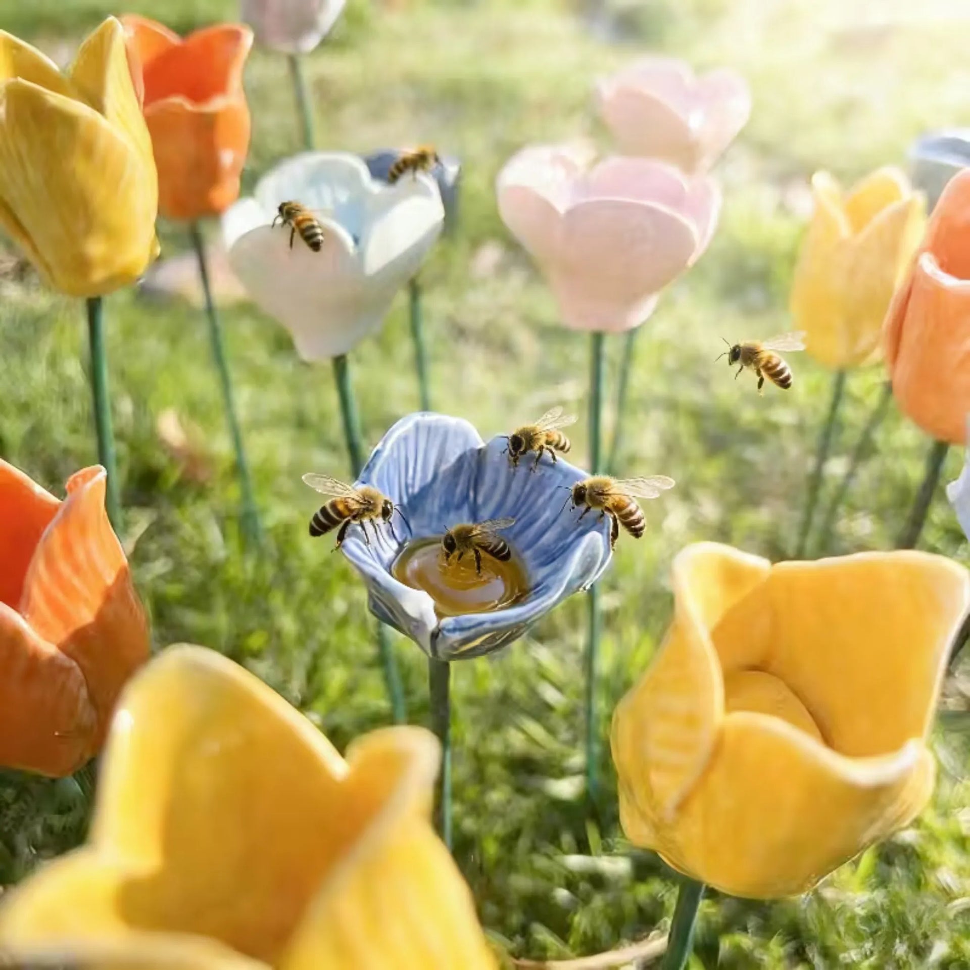 Handgefertigte Bienenblüten – wetterfeste Keramik-Tränken, 6er-Set