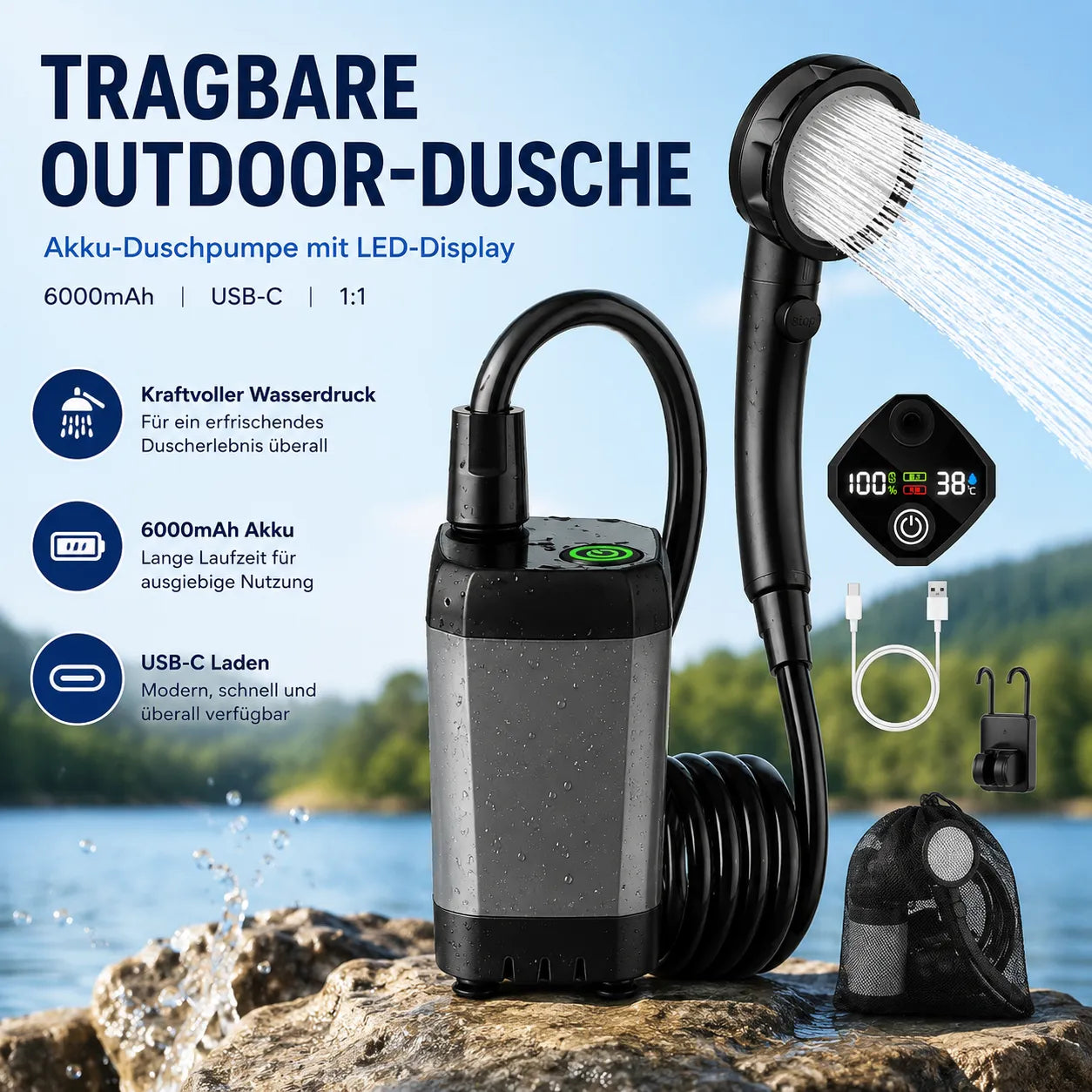 Tragbare Outdoor-Dusche – Akku-Duschpumpe mit LED-Display, 6000mAh, USB-C