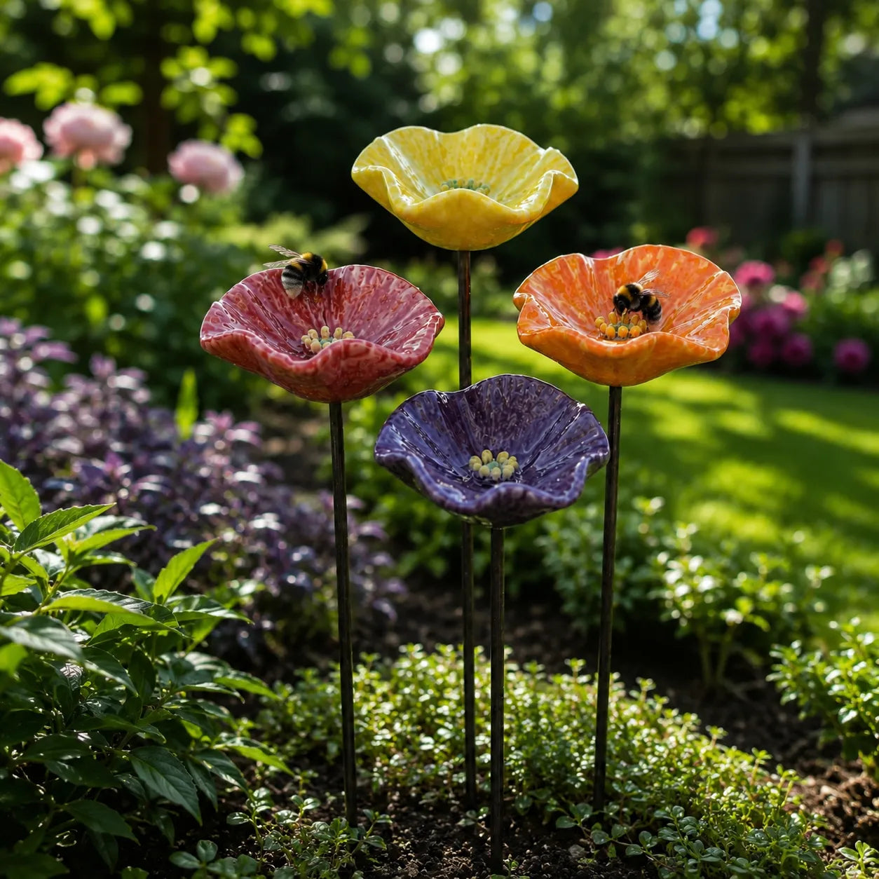 Fiori per bombi fatti a mano – abbeveratoi in ceramica resistenti alle intemperie, set da 4