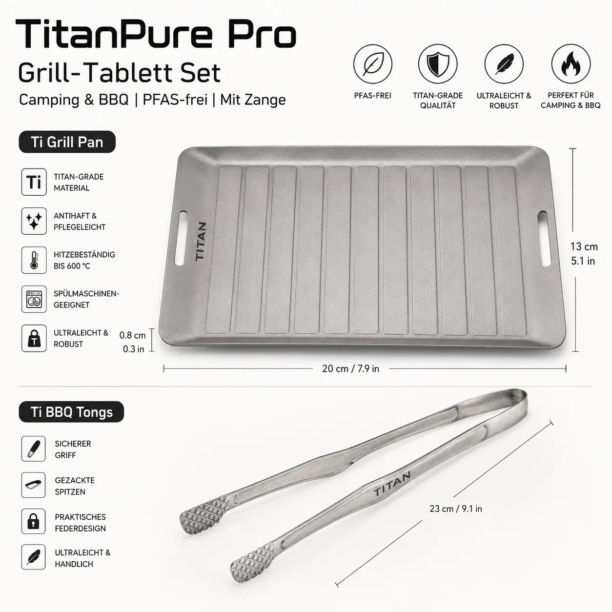 TitanPure Pro — Set per vassoio da griglia Camping & BBQ | Senza PFAS | Con pinza