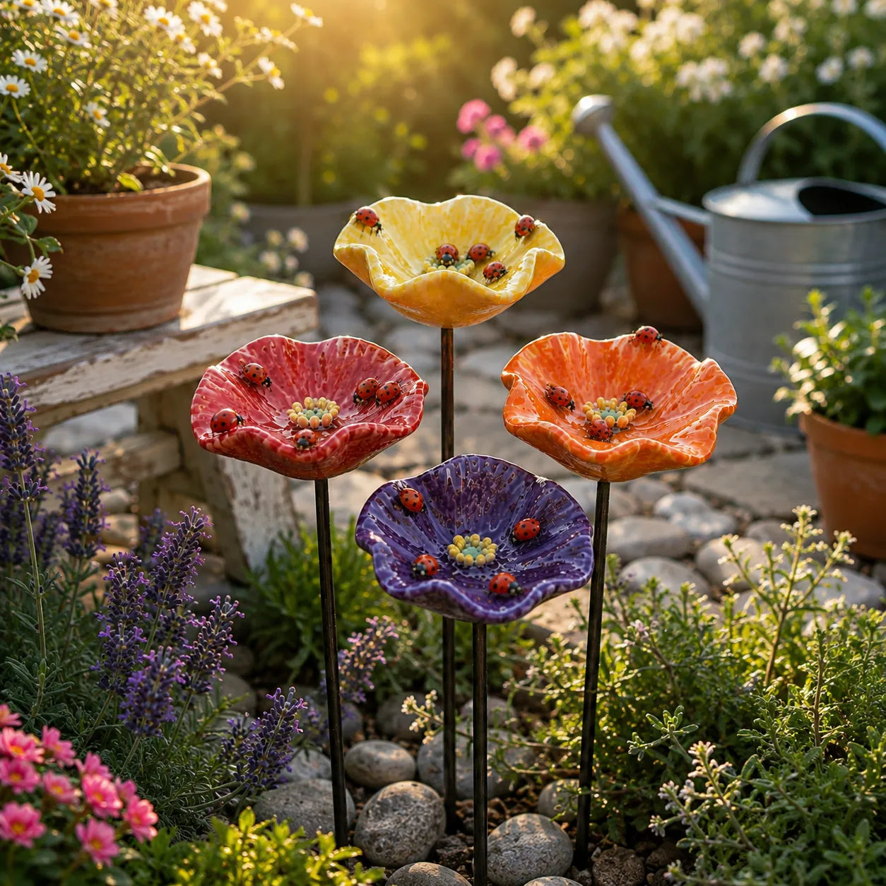 Fiori di coccinella fatti a mano – Abbeveratoi in ceramica resistenti alle intemperie, set da 4