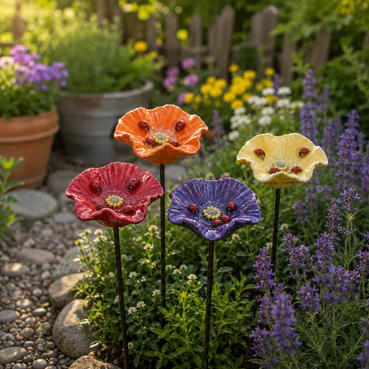 Abbeveratoi in ceramica con fiori di coccinella