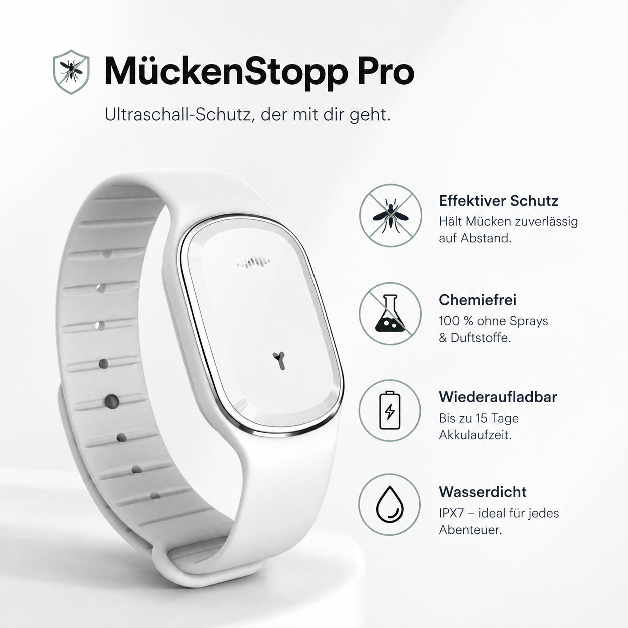 MückenStopp Pro — Das Ultraschall-Schutzband gegen Mücken, Gelsen & Stechfliegen | Chemiefrei · Wiederaufladbar · Wasserdicht
