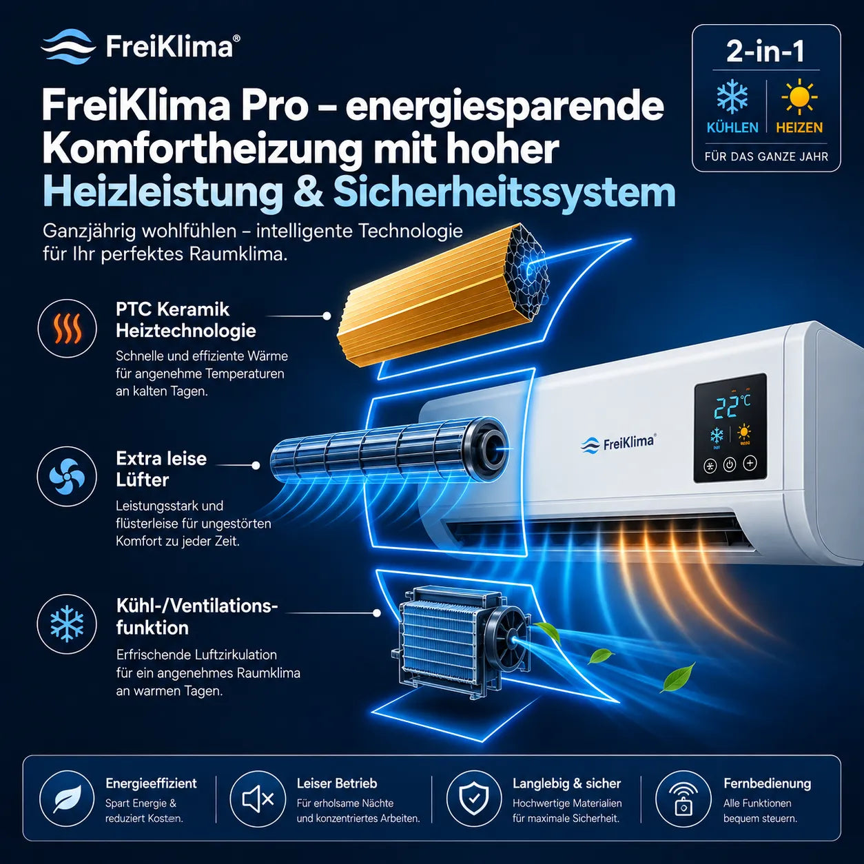 FreiKlima Pro – energiesparende tragbare Komfortheizung mit hoher Heizleistung & Sicherheitssystem ohne Installation | Bis 51 m²