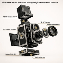 Carica l'immagine nel visualizzatore di Gallery, Lichtwerk RetroCam TLR – Fotocamera digitale vintage con look da pellicola
