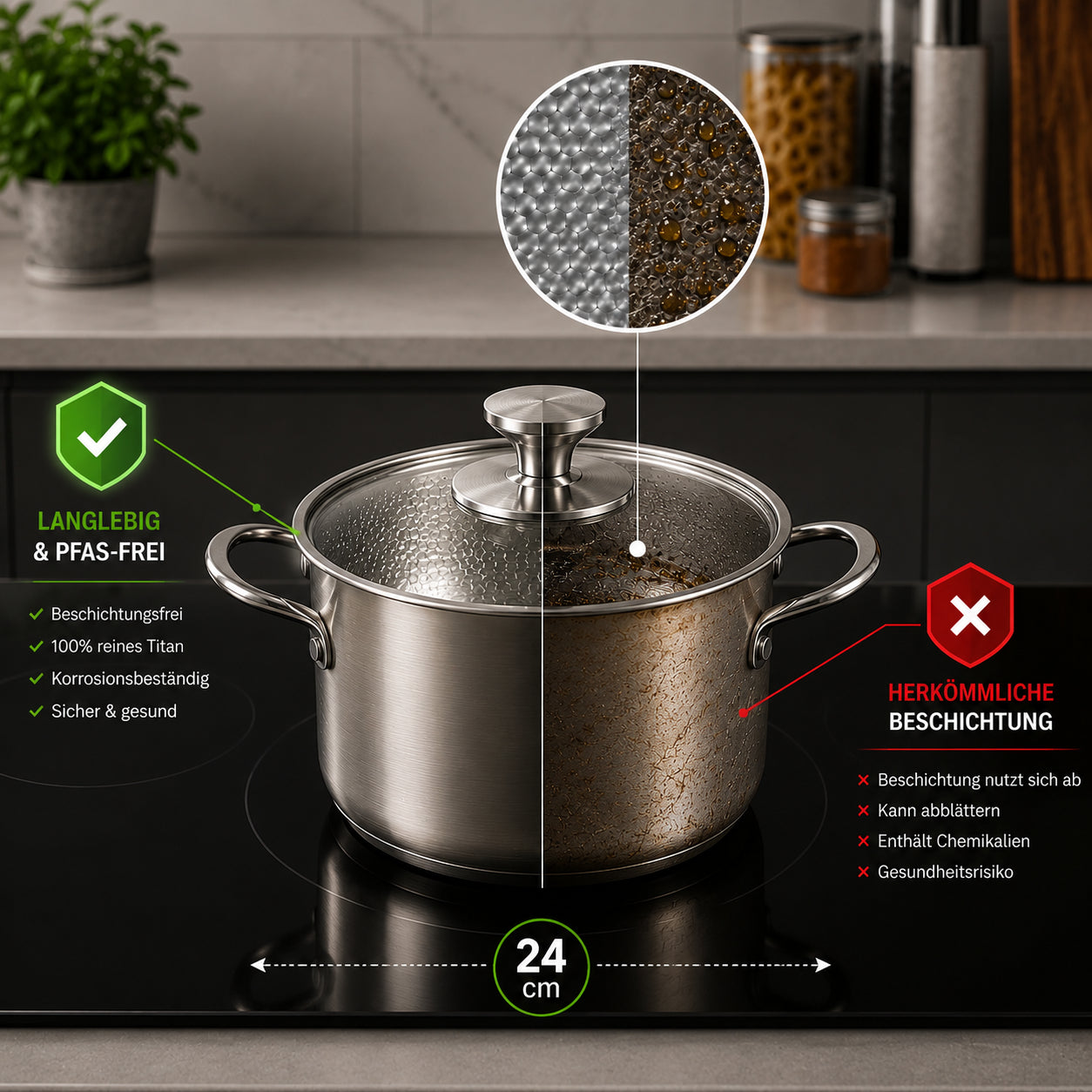 TitanPur Pro – Pentola in titanio senza rivestimento, PFAS e PTFE | 24 cm